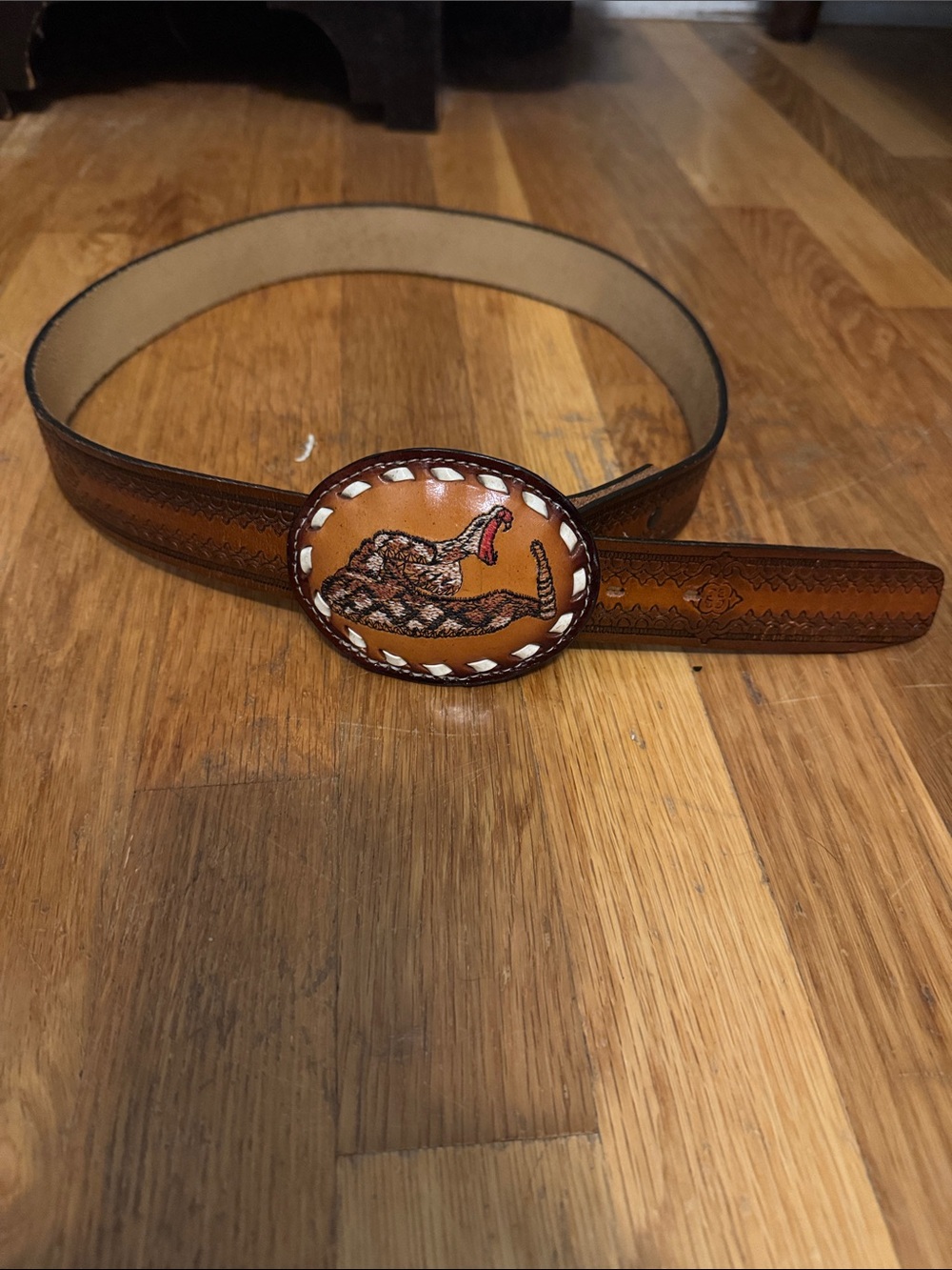 Source Unknown Brown Leather Belt with Western Rattlesnake Buckle